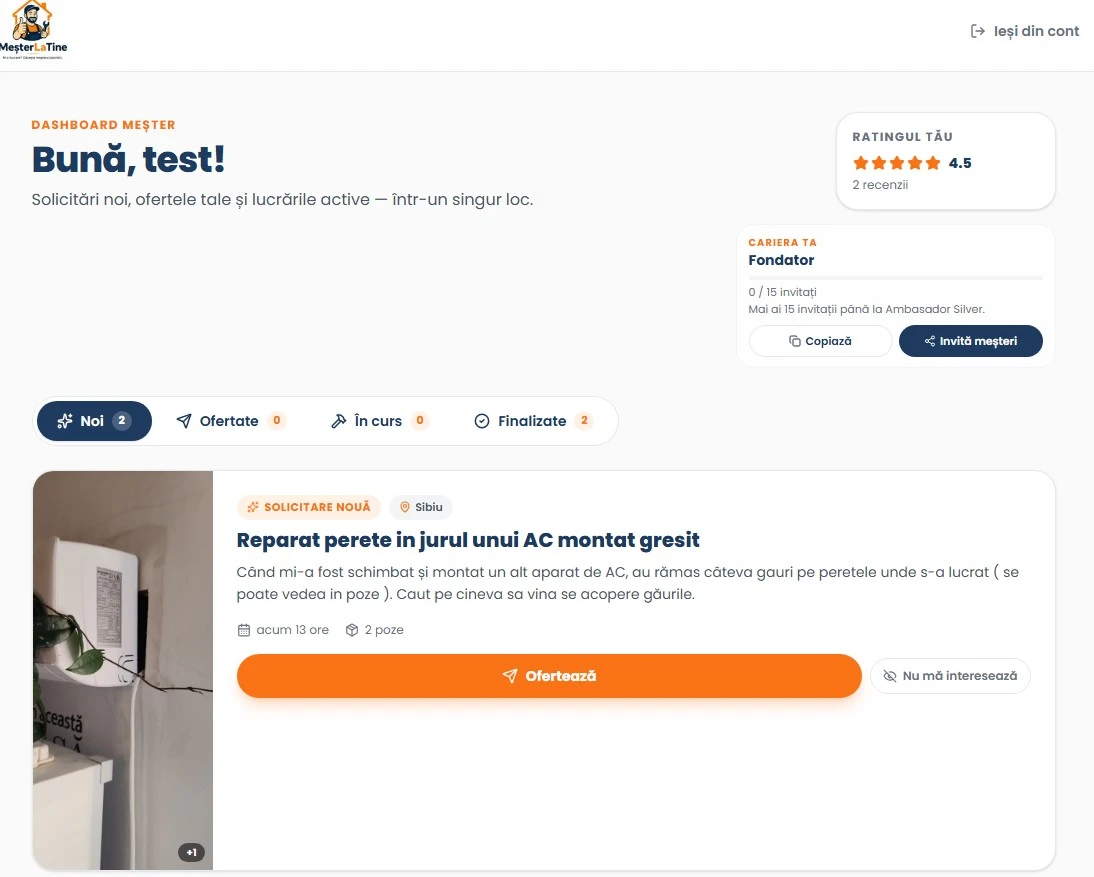 Dashboard meșter pe mesterlatine.ro — lucrări, detalii și ofertare